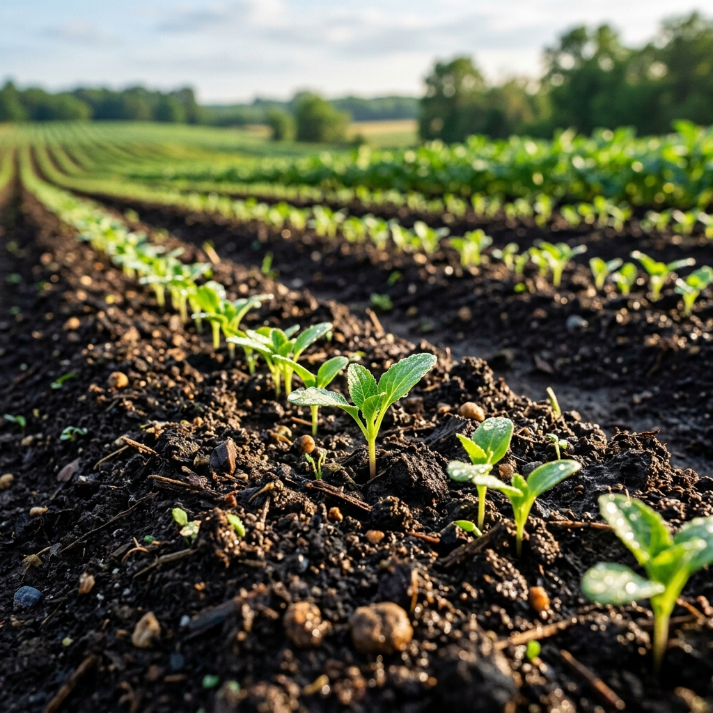 Rich dark fertile soil with green seedlings sprouting
